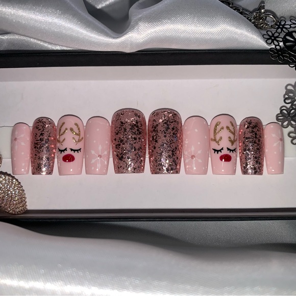Cute Pink Reindeer Glitter Nails